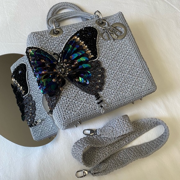 Grey Crocheted Sequin & Beaded Butterfly Purse - Picture 13 of 14